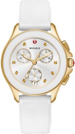 Michele Cape Chronograph Silicone Strap Watch, 34mm in White/Silver/Gold at Nordstrom Rack