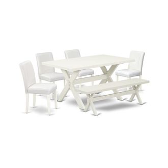 East West Furniture 6-Piece Stylish Dining Set a Superb Linen White Wood Table Top and Linen White Small Bench and 4 Lovely Solid Wood Legs and Pu Leather Seat Parson Cha