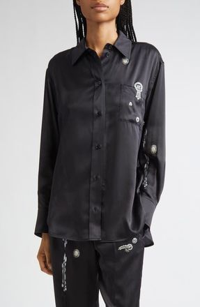 Victoria Beckham Crystal Print Silk Pajama Shirt in Black at Nordstrom, Size 4 Us