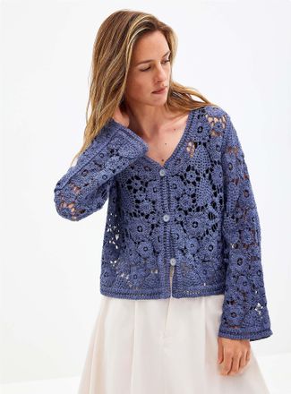 Contemporaine Womens Floral pattern crocheted Cardigan Sweater