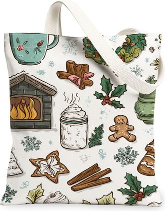 Generic Christmas Gingerbread Canvas Tote Bags, Holiday Treats Pattern Reusable Grocery Bags, Winter Cozy Lightweight Washable Shou, White, 13x15 Inch