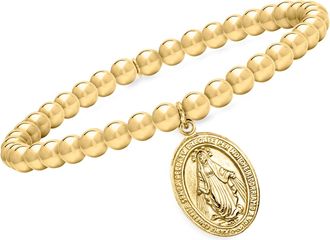 Ross-Simons Italian 18kt Gold Over Sterling Miraculous Medal Bead Stretch Bracelet