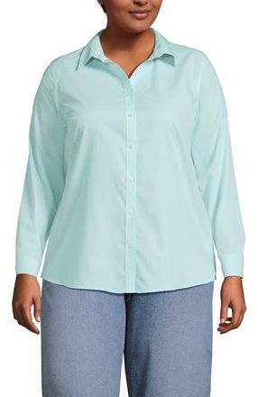 Lands End No Iron Supima Cotton Long Sleeve Shirt in Bright Aqua Breeze Mini Stripe at Nordstrom, Size 22W