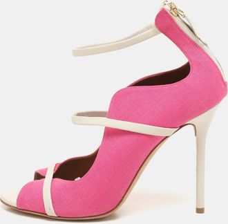Malone Souliers Pink/white Canvas And Leather Mika Triple Band Peep Toe Sandals