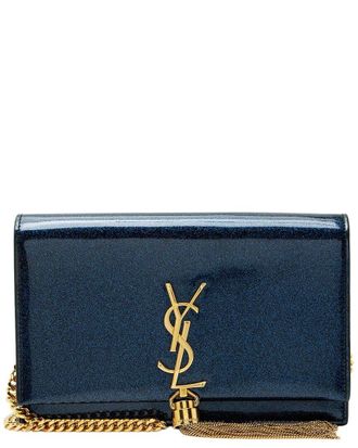 Saint Laurent Blue Glitter Patent Leather Monogram Kate Tassel Chain Wallet (Authentic Pre-Loved)