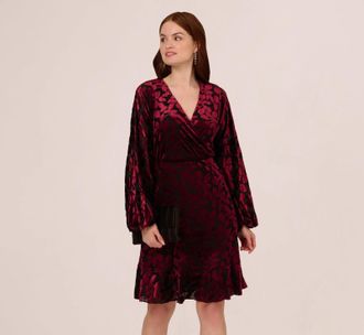 Adrianna Papell Velvet Burnout Dress Womens Burgundy Surplice Neck FROG336