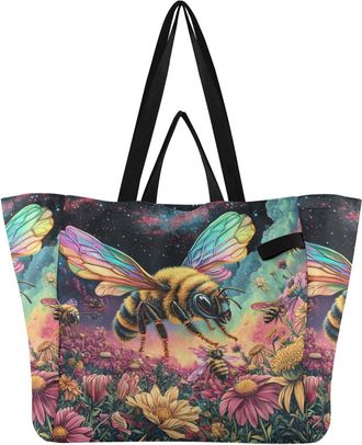 Generic Yellow Bee Flowers Star print Reusable Canvas Tote Bag, Heavy Duty Grocery Shopping Bag with Large Capacity Hard Bottom Double Handles Work Groceries 