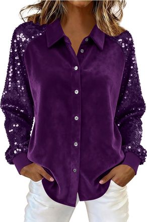 Generic Sparkly Tops for Womem Sparkly Sequin Tops Party Blouse Glitter Evening Tops Velvet Top Casual Loose Button V Neck Long Sleeve Shimmer Sparkle Shinny 