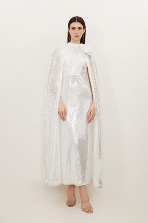 Karen Millen Petite Sequin Rosette Cape Maxi Dress