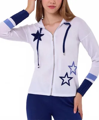 French Kyss Star Braided Sleeve Zip Up Hoodie In White/multi