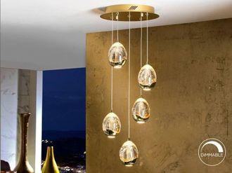 Netlighting Roc Integrated LED 5 Light Crystal Cluster Drop Ceiling Pendant Gold Bubble Effect