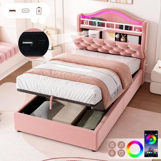Matteo Pink Velvet Single Hydraulic Storage Bed Frame with LED & Charging