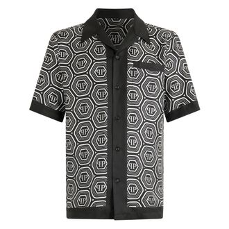 Philipp Plein Overhemden, Heren, Zwart, L, Silk Bowling Shirt Monogram 70s