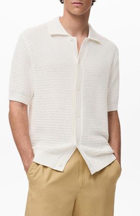Mango Short Sleeve Knit Button-Up Shirt in Off White at Nordstrom, Size Large