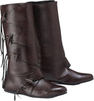 Generic Mens Lace Up Medieval Knee-High Boots Flat Heel Long Boots Round Toe PU Leather Pirate Boot,Brown,8.5 UK