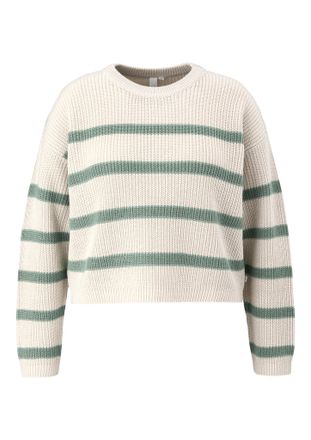 QS by s.Oliver Rundhalspullover QS, Damen, Gr. XXL, gr&uuml;n (ecru, sage stripes), Strick, Obermaterial: 100% Polyacryl, gestreift, regular fit taillenbedeckt, Rundhals,