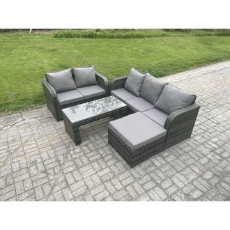 Fimous Outdoor Rattan Garden Furniture Set Patio Lounge Sofa Set with Rectangular Coffee Table Big Footstool Dark Grey Mixed - Fimous