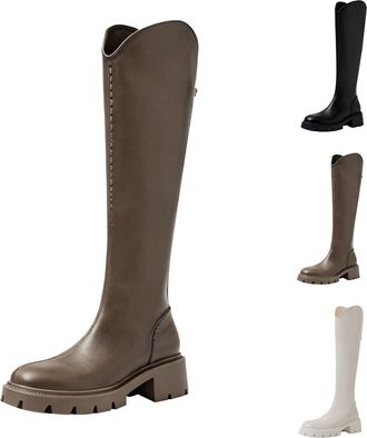 Generic Knee High Boots for Women Round Toe Platform Chunky Heel Boot with Zipper Dress Motorcycle Work Combat Riding Shoes Fall Winter Wide Calf Boots Brown