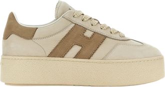 Hogan Beige Leather Platform Sneakers With Suede Accents And Iconic Logo