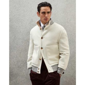 Brunello Cucinelli MenS White Wool Bomber Jacket, Size 36