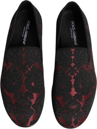 Dolce & Gabbana Red Black Jacquard Slip On Men Loafers Shoes And Leather