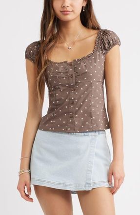 BP. Ruffle Trim Cap Sleeve Cotton Top in Brown- Pink Zee Ditsy at Nordstrom, Size Xx-Small