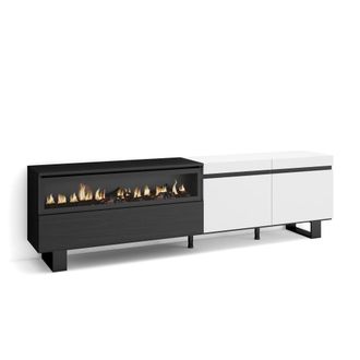 Skraut Home Mueble tv efecto madera blanco y negro 200x35x57 chimenea efecto fuego