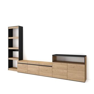 Skraut Home Muebles de sal&oacute;n efecto madera roble y negro 310x35x186cm