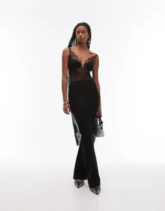 Mango lace overlay midi dress in black