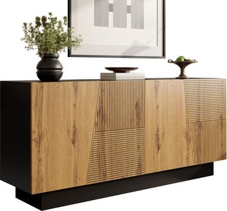 STILVORA Aparador Con 3 Puertas Y Estante Ajustable, Dise&ntilde;o Geom&eacute;trico Moderno, En Tablero De Part&iacute;culas, Negro Y Madera, 160&times;40&times;72 Cm