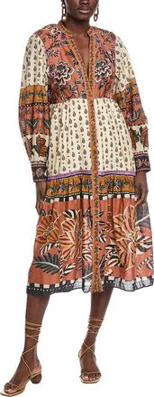 Farm Rio Farm Rio Ainika Floral Beige V Neckline Midi Dress