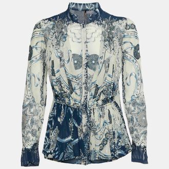 Roberto Cavalli White/blue Floral Print Silk Chiffon Top