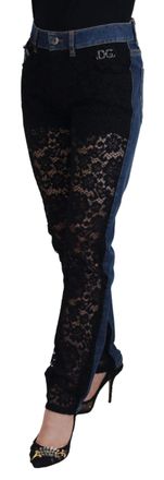 Dolce & Gabbana Womens Black Floral Lace Front Skinny Denim Jeans And Blue Cotton Clothing