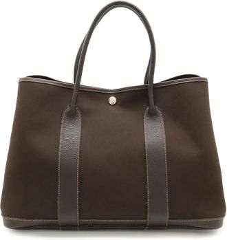Herm&egrave;s Garden Dark Brown Toile Officier Leather Handbag Tote Bag (Pre-Owned)