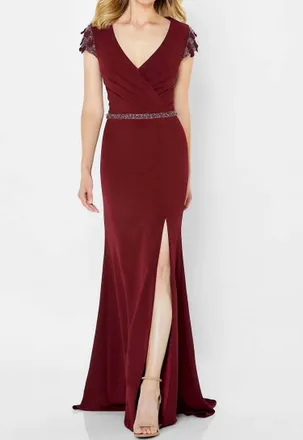 Montage by Mon Cheri Embellished Surplice Bodice Formal Gown In Wine