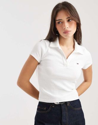 Tommy Jeans Polo slim a coste bianco sporco
