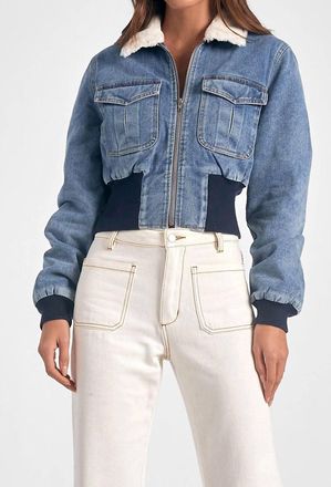 Elan Denim Jacket Fur Collar In Blue
