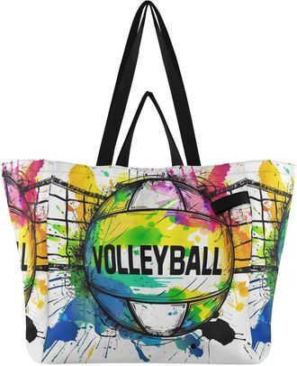 Generic Volleyball pattern Reusable Canvas Tote Bag, Heavy Duty Grocery Shopping Bag with Hard Bottom Large Capacity Double Handles Work Groceries Travel