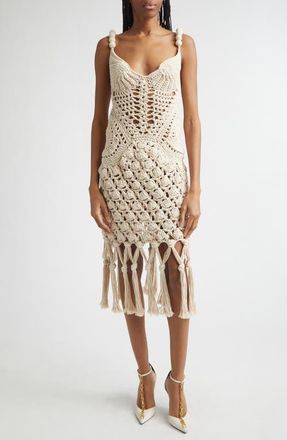 Balmain Fringe Cotton Crochet Dress in Natural at Nordstrom, Size Medium