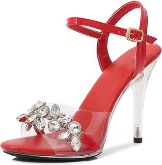 Generic Red,3.5 UK,Womens Crystal Sandals Peep Open Toe Ankle Strap High Stiletto Heels Rhinestone Wedding Party Dress Shoes