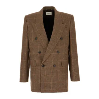 Saint Laurent Blazers, male, Brown, Size: L Checked Double-Breasted Blazer