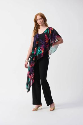Joseph Ribkoff Tropical Chiffon Overlay Jumpsuit In Black/multi