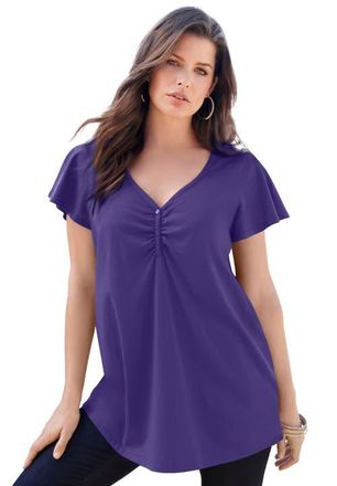 Roaman's Plus Size Cotton Ultimate Flutter Sleeve Sweetheart Tee in Midnight Violet at Nordstrom, Size 32