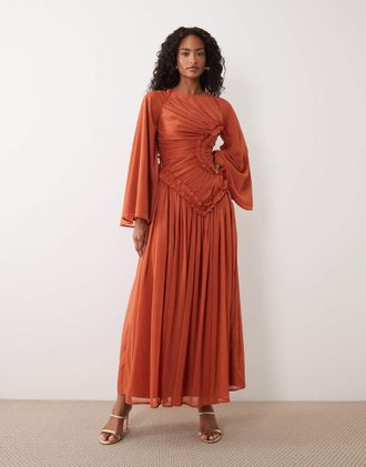 Asos Vestito lungo in chiffon stropicciato con dettagli raccolti e volant micro arancione bruciato