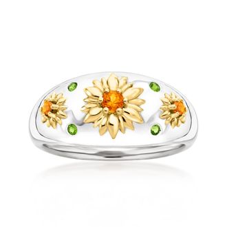 Ross-Simons Chrome Diopside and. Citrine Flower Ring in Sterling Silver With 18kt Gold Over Sterling