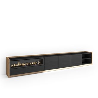 Skraut Home Skraut Home - Mueble Tv, Televisi&oacute;n, Muebles De Sal&oacute;n, Almacenaje, 310x37x50cm, Para Tv Hasta 80, Chimenea El&eacute;ctrica, Led, Estilo Moderno, Negro Y Rob