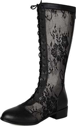 Generic Womens Knee-High Boots Lace Mesh Panel Lace-Up Closure Round Toe Chunky Low Heel Textured Trim Lightweight Comfortable Stylish for Fashion Casual,Blac