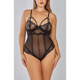 iCollection Lace Underwire Strappy Underbust Bodysuit in Black at Nordstrom, Size 3X