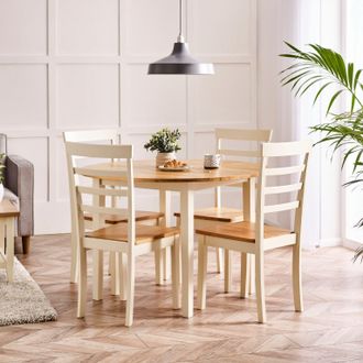 Furniturebox Salcombe Round Wooden Table & 4 Whitby Dining Chairs in Cream
