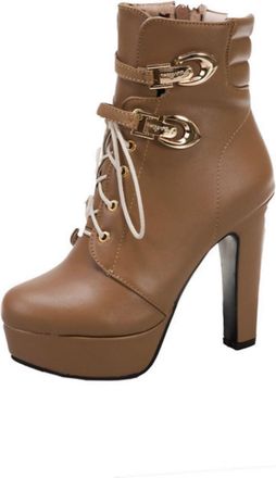 Generic Womens Modern Platform Ankle Boots with Buckles - Lace-Up Chunky Heel Casual Booties,Light Brown,1.5 UK